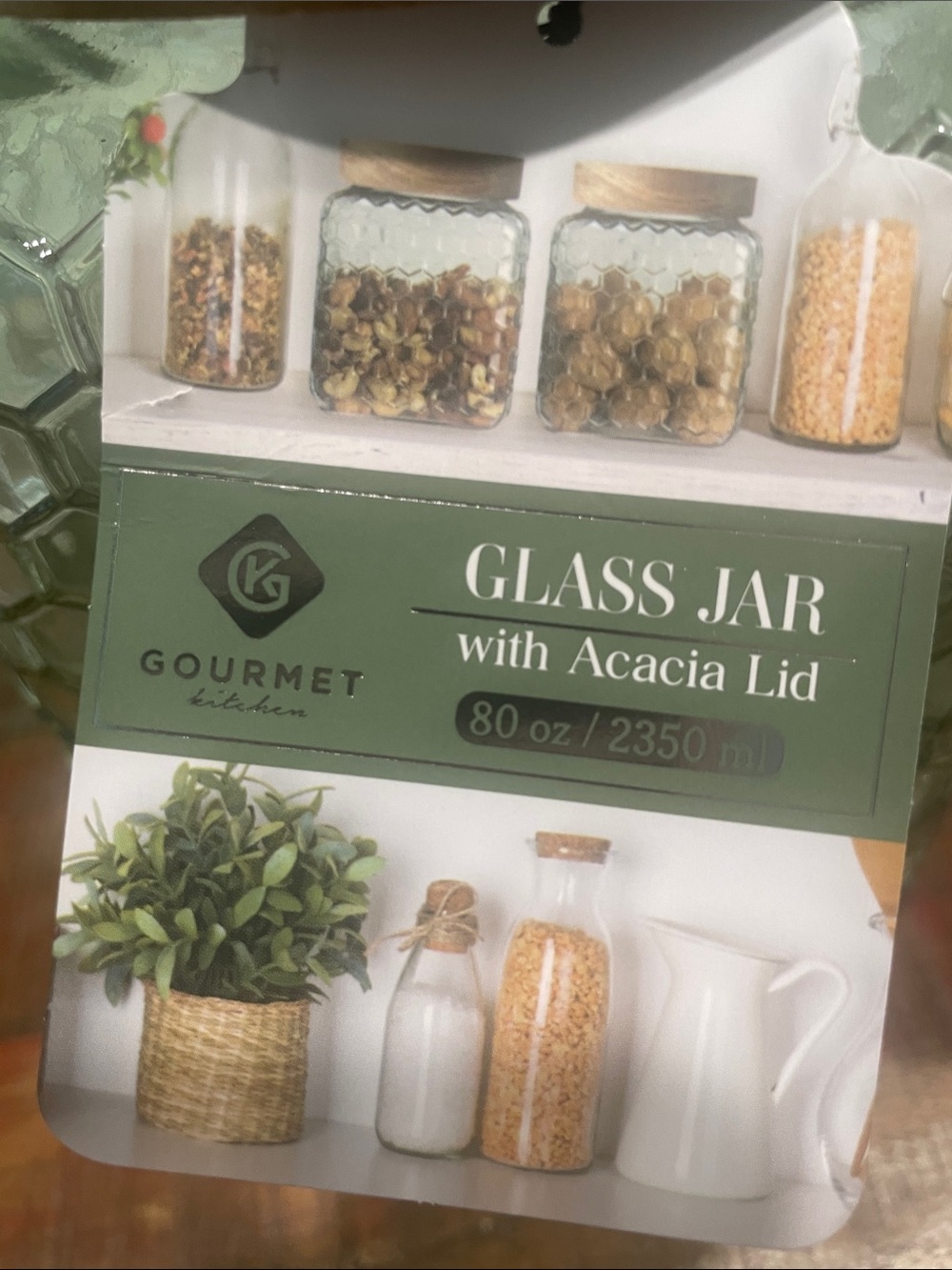 Gourmet Kitchen Green Glass with Designs Canister Set with AcaciaLids - 2 Pieces - Picture 3 of 6